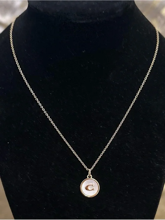 NWT! COACH Mother Of Pearl Signature Coin Pendant Necklace - Picture 2 of 6